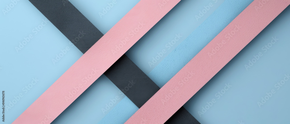 Poster clean and simple design with intersecting thin black and soft pink diagonal lines on a pale blue bac
