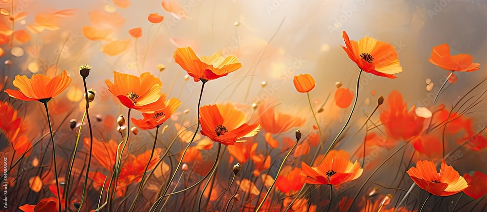 Poster vibrant orange blossoms thrive in a field during autumn, painting a beautiful picture. with copy spa