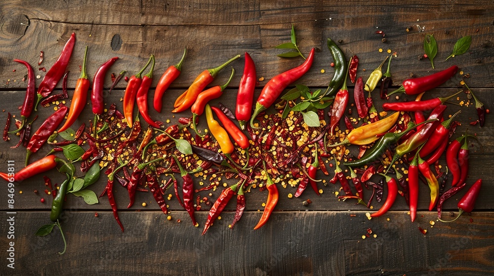 Poster a colorful assortment of fresh and dried chili peppers are scattered on a rustic wooden surface, sho
