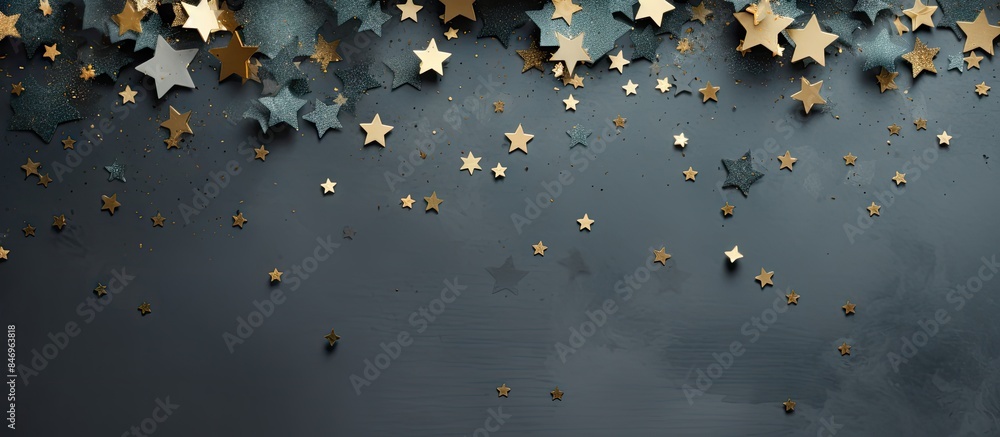 Poster Gold stars shining brightly on a black surface, adding a touch of glamour and elegance. with copy space image. Place for adding text or design