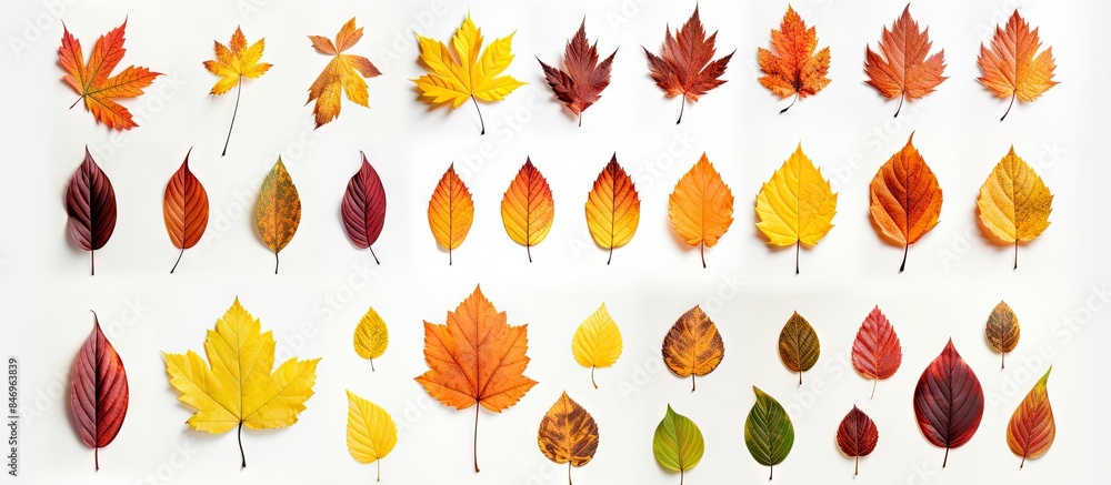 Poster Autumn leaves of various colors arranged on a clean white surface. with copy space image. Place for adding text or design
