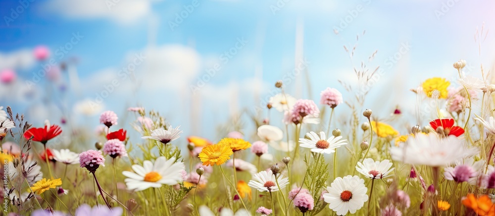 Aufkleber Summer wildflowers in various colors bloom across a sunny meadow, creating a vibrant scene under the blue sky. with copy space image. Place for adding text or design