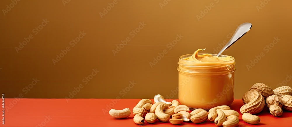 Poster a clear container of smooth peanut butter positioned next to a pile of unshelled peanuts. with copy 
