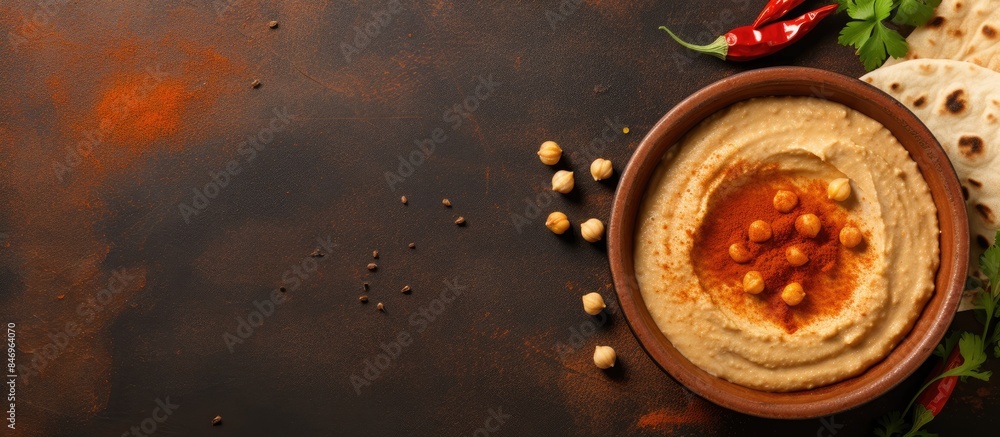 Poster a traditional bowl of chickpea hummus served with crispy pita bread and a sprinkle of paprika on top