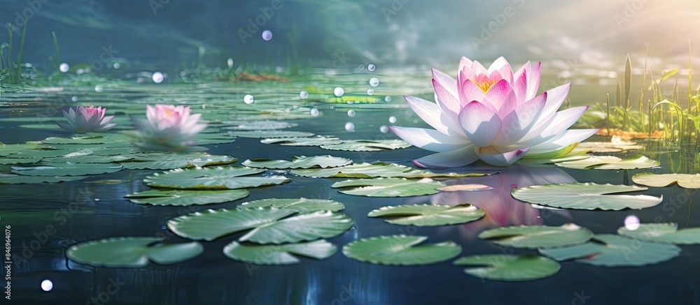 Aufkleber Numerous water lilies are floating on the pond's surface, while the lotus flowers are just starting to bloom. with copy space image. Place for adding text or design