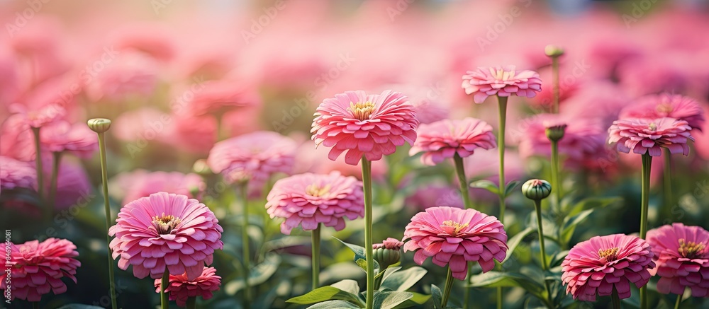 Poster Field full of pink flowers with vibrant green leaves creating a beautiful natural scene. with copy space image. Place for adding text or design