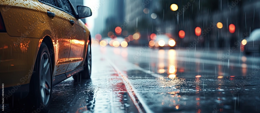 Poster car moving down a wet city street in the darkness of night, with rain and city lights reflecting on 