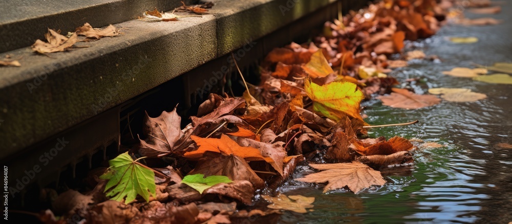 Poster fallen leaves cover the ground near a clogged drain on a city street, obstructing rainwater flow. wi