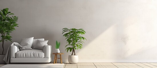 White couch situated next to a green plant in a cozy living room interior. with copy space image. Place for adding text or design