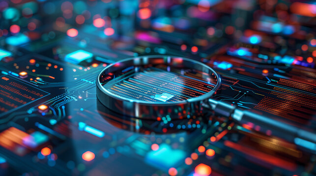 Document management check system, online documentation database and process management files, magnifying glass check and focus on document folder, documentation. Corporate business technology concept