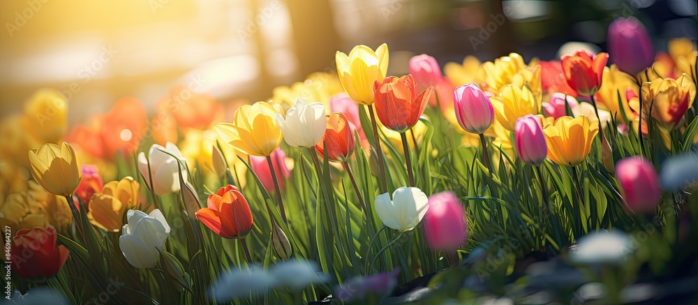 Poster vibrant tulips stand out in a field of lush green grass, interspersed with bright yellow and white f