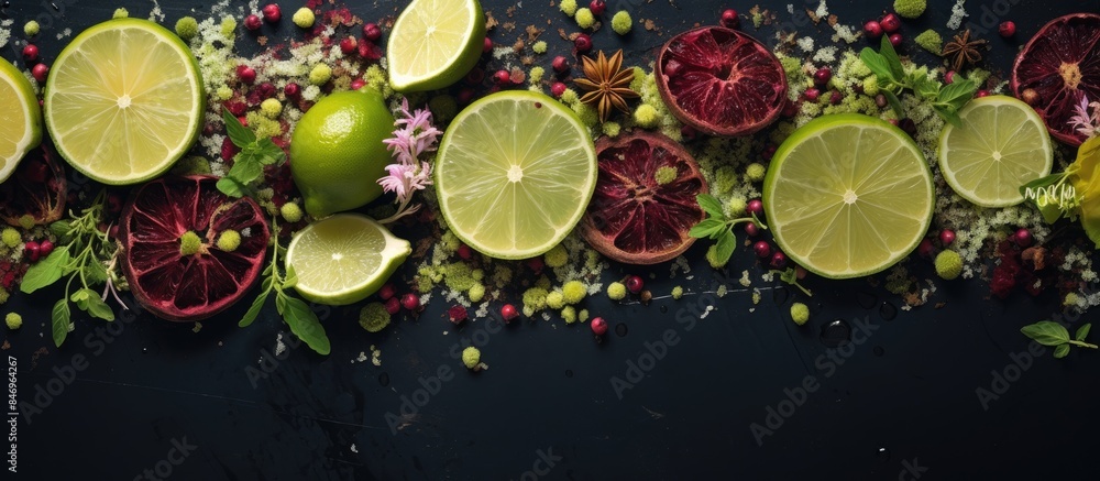 Fototapete Close-up shot of a bunch of limes and assorted citrus fruits displayed on a table, Summer drink with pomegranate seeds, lemon, and lime slices. with copy space image. Place for adding text or design