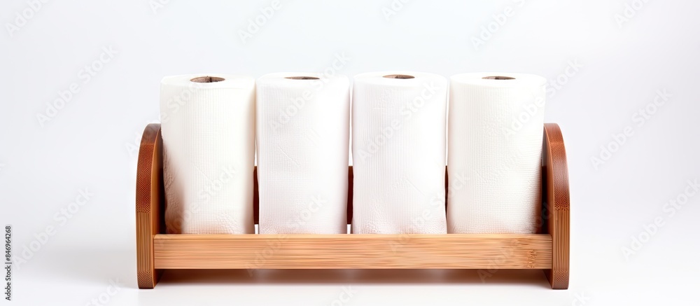 Poster Toilet paper rolls neatly arranged in a stack on a wooden holder for easy access and storage. with copy space image. Place for adding text or design