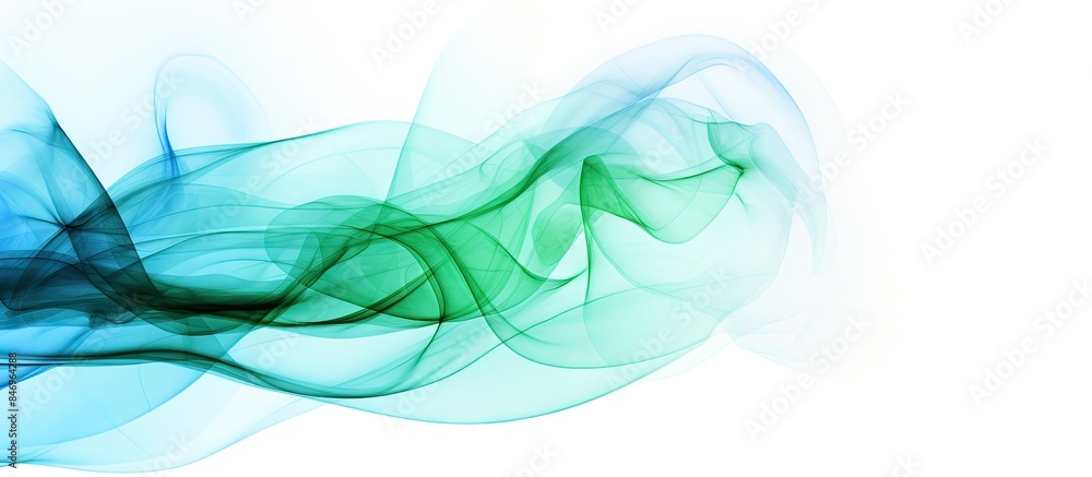 Poster Blue and green smoke in abstract swirls against a white background creates a vibrant and dynamic scene. with copy space image. Place for adding text or design