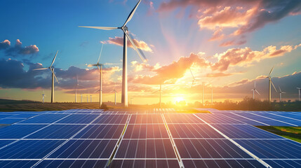 Solar panels and wind turbines produce electricity