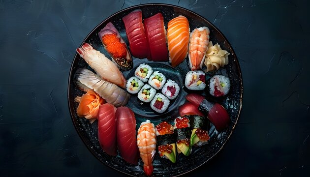 Sushi platter with different types of sushi and sashimi on dark background, sush romantic style