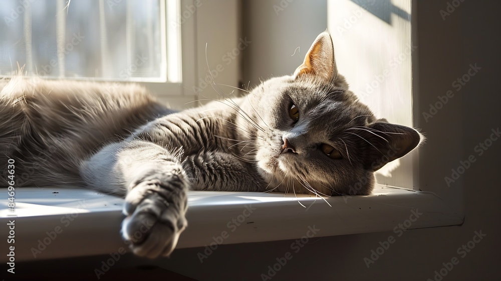 Poster a beautiful gray cat lies on a window in a ray of sun he is relaxed and enjoys the warmth : generati