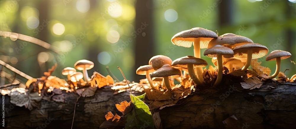 Aufkleber Mushroom species Clitocybe nebularis thriving on a tree bark amidst foliage and greenery in a natural setting. with copy space image. Place for adding text or design