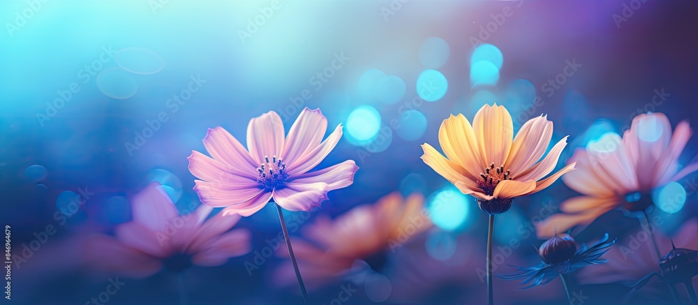 Fototapete Two vibrant flowers in bloom captured in a close-up shot with a beautiful bokeh effect enhancing the overall composition. with copy space image. Place for adding text or design
