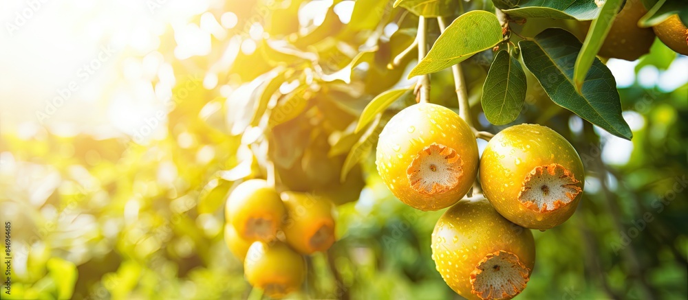 Aufkleber Numerous ripe lemons basking in sunlight on a tree, alongside a vibrant passion fruit plantation showcasing close-up fruits. with copy space image. Place for adding text or design