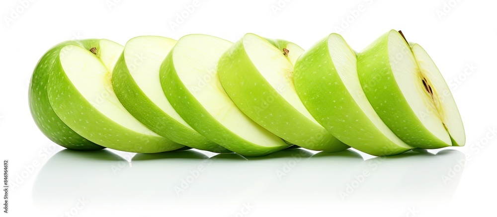 Poster green apple slices are neatly lined up in a row on a clean white tabletop. with copy space image. pl