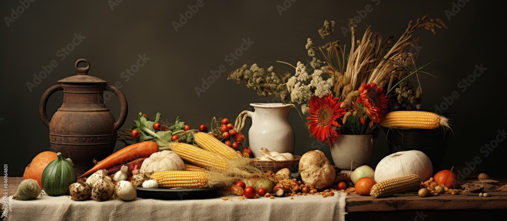 Poster display of various food items arranged on a table alongside farm utensils. with copy space image. pl