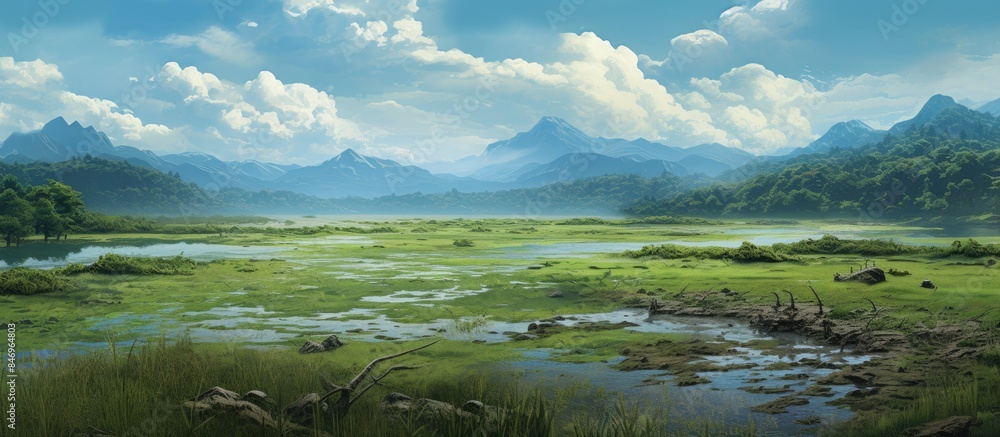 Poster rural landscape featuring a green field, river, and distant mountains depicted in a painted artwork 