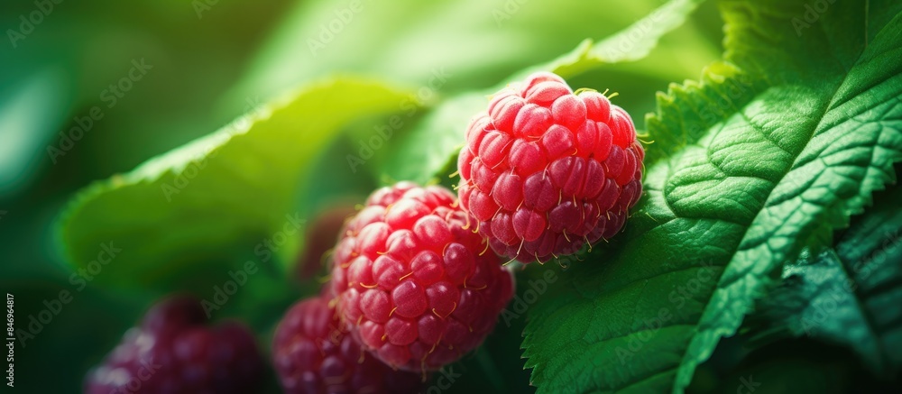 Poster ripe raspberries resting on vibrant green leaves with a softly focused background. with copy space i