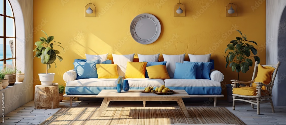 Poster vibrant living space features a white couch against sunny yellow walls. with copy space image. place