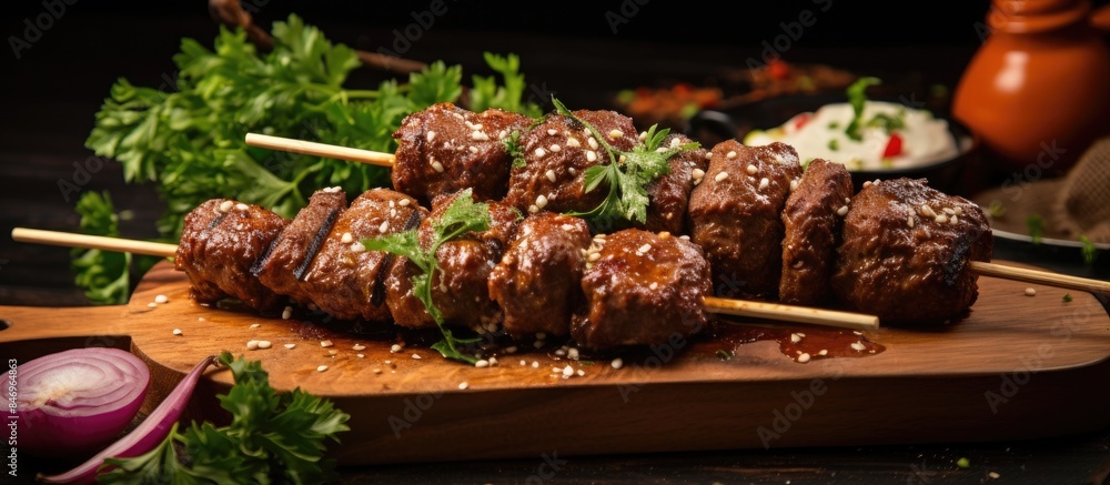 Poster freshly sliced meat displayed on a close-up wooden cutting board. with copy space image. place for a