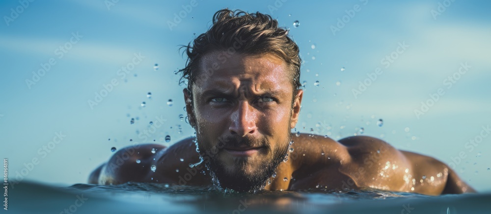 Poster muscular male swimmer engaged in crawl stroke in the sea for an active summer vacation with a focus 