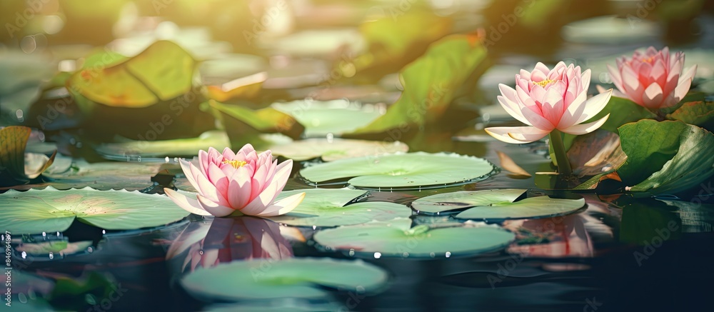 Poster numerous water lilies float gracefully on the serene surface of a pond, creating a picturesque scene