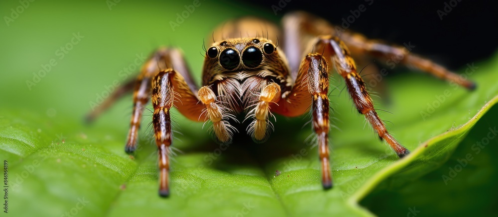 Poster Tiny jumping spider cautiously exploring leaves in search of prey in its habitat. with copy space image. Place for adding text or design