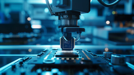 Robot arms holding integrated circuit chip in chip manufacturing