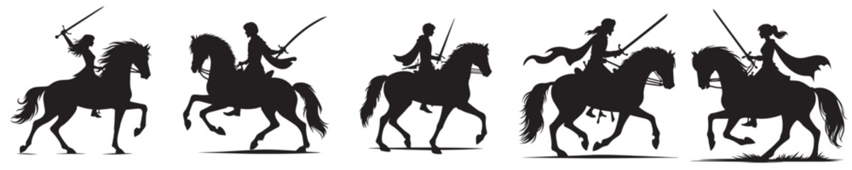 vector set collection of people riding horses with swords silhouette style