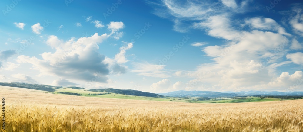 Aufkleber Vast expanse of golden wheat field stretching beneath a clear blue sky in a picturesque rural scene. with copy space image. Place for adding text or design