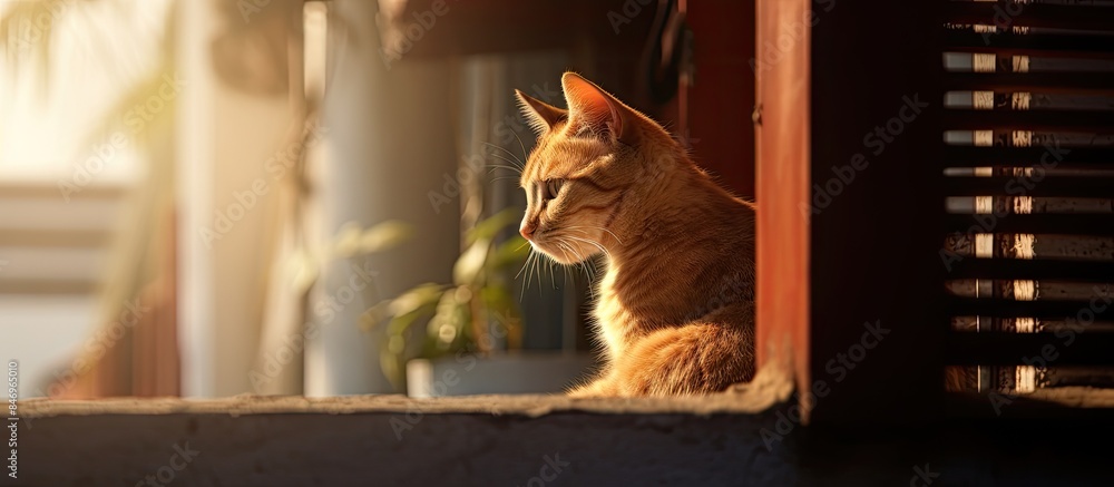 Aufkleber A curious cat perched on a ledge, staring intently out of a window. with copy space image. Place for adding text or design