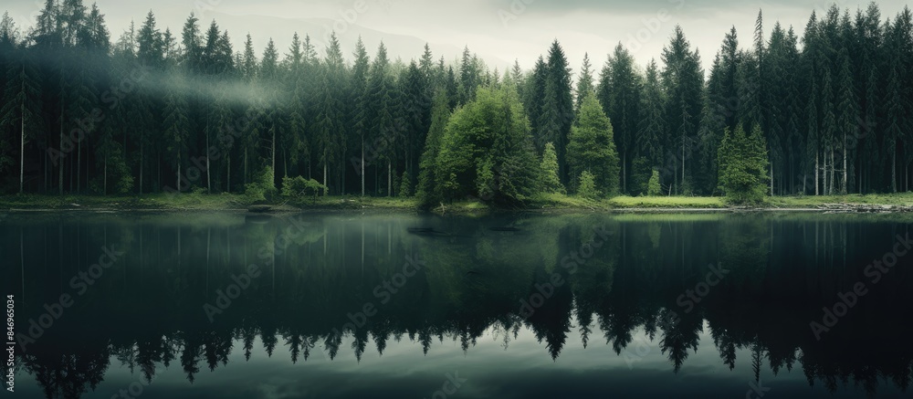 Poster Forest's mirror image seen on tranquil lake's surface surrounded by lush greenery. with copy space image. Place for adding text or design