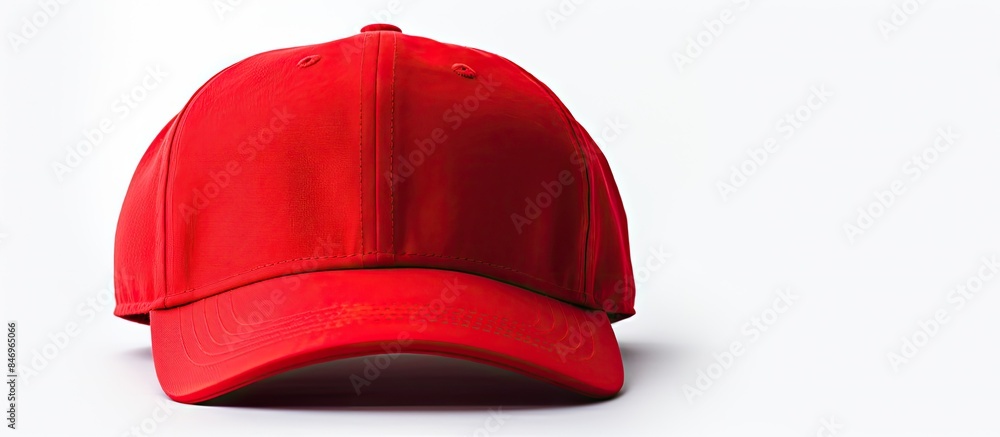 Poster A single red baseball cap with no logos or decorations, displayed on a clean white background. with copy space image. Place for adding text or design
