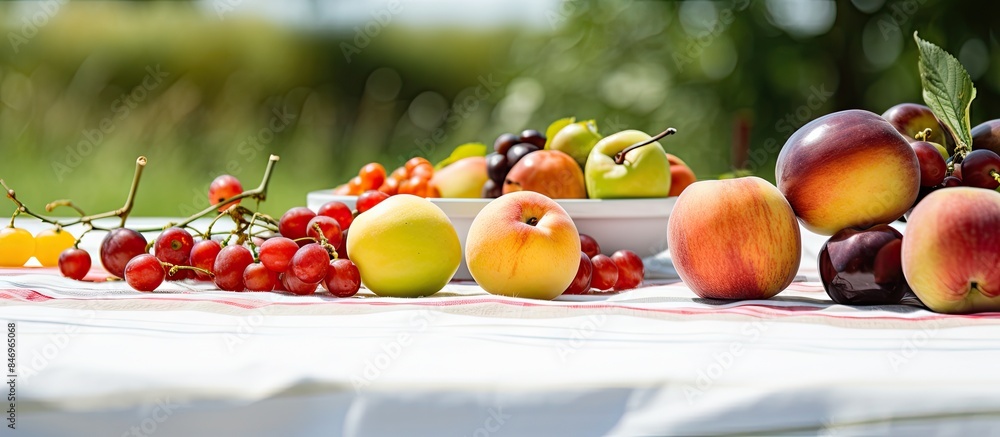 Fototapete Assorted fruits spread out on a table covered with a clean white cloth. with copy space image. Place for adding text or design