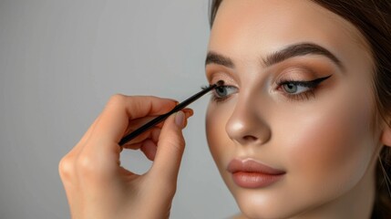 Fototapeta premium A woman is applying mascara to her upper eyelashes with a wand. The hand holding the mascara wand is slightly out of focus, while the womans face is in focus.