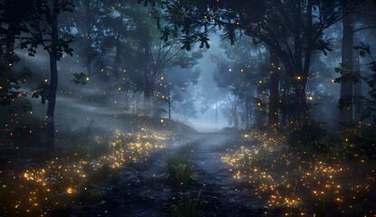 Obraz premium Fireflies in the forest at night, along the forest path with firefly lights, in the fantasy style