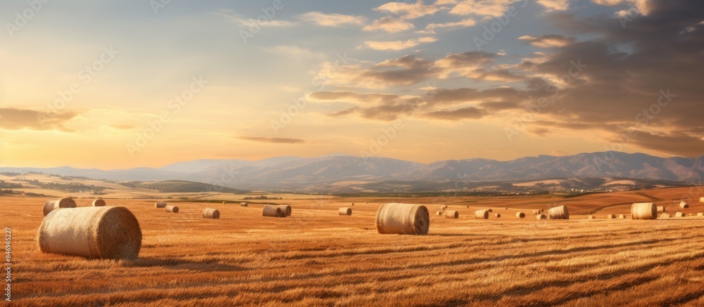 Aufkleber A serene summer scene in Sicily at sunset, showing a valley with harvested wheat fields and scattered hay bales under the orange sky. with copy space image. Place for adding text or design