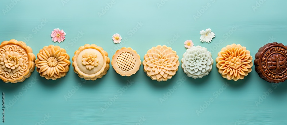 Poster Assorted mooncakes in unique floral shapes arranged on a blue background in a top-down view composition. with copy space image. Place for adding text or design