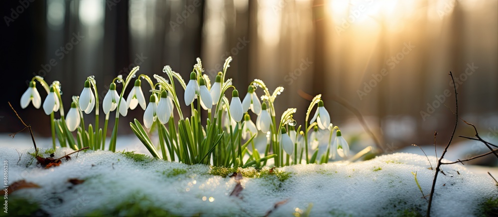 Poster Snowdrops blooming amidst the snow-covered woods signal the impending defeat of winter in Scandinavia. with copy space image. Place for adding text or design