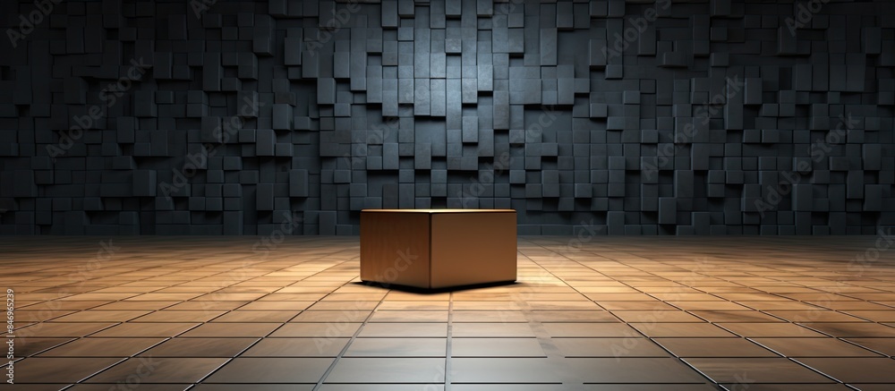 Poster Box placed in a room with a wall made of cubes. with copy space image. Place for adding text or design