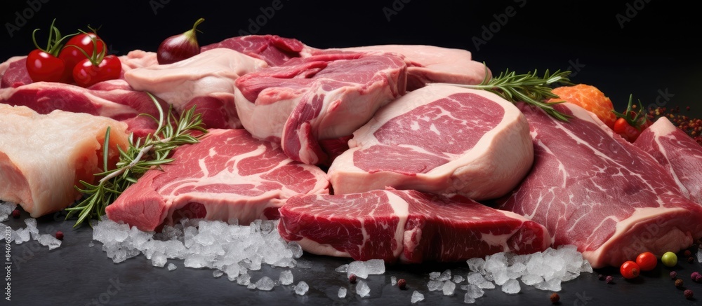 Poster heap of uncooked meat displayed on a surface, showcasing various cuts and types. with copy space ima