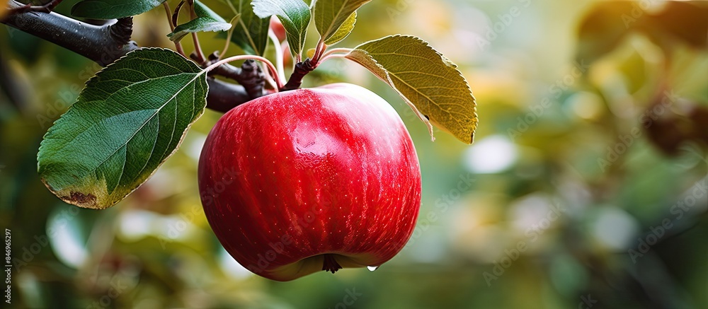 Poster ripe red apple suspended from a lush tree branch. with copy space image. place for adding text or de