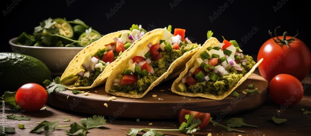 Aufkleber mexican tacos filled with flavorful guacamole, cheese, and a variety of fresh toppings like tomatoes