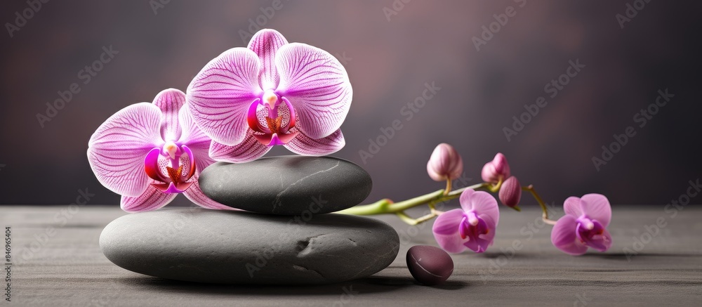 Aufkleber Close-up of rocks stacked with a single flower on top in a serene natural setting. with copy space image. Place for adding text or design
